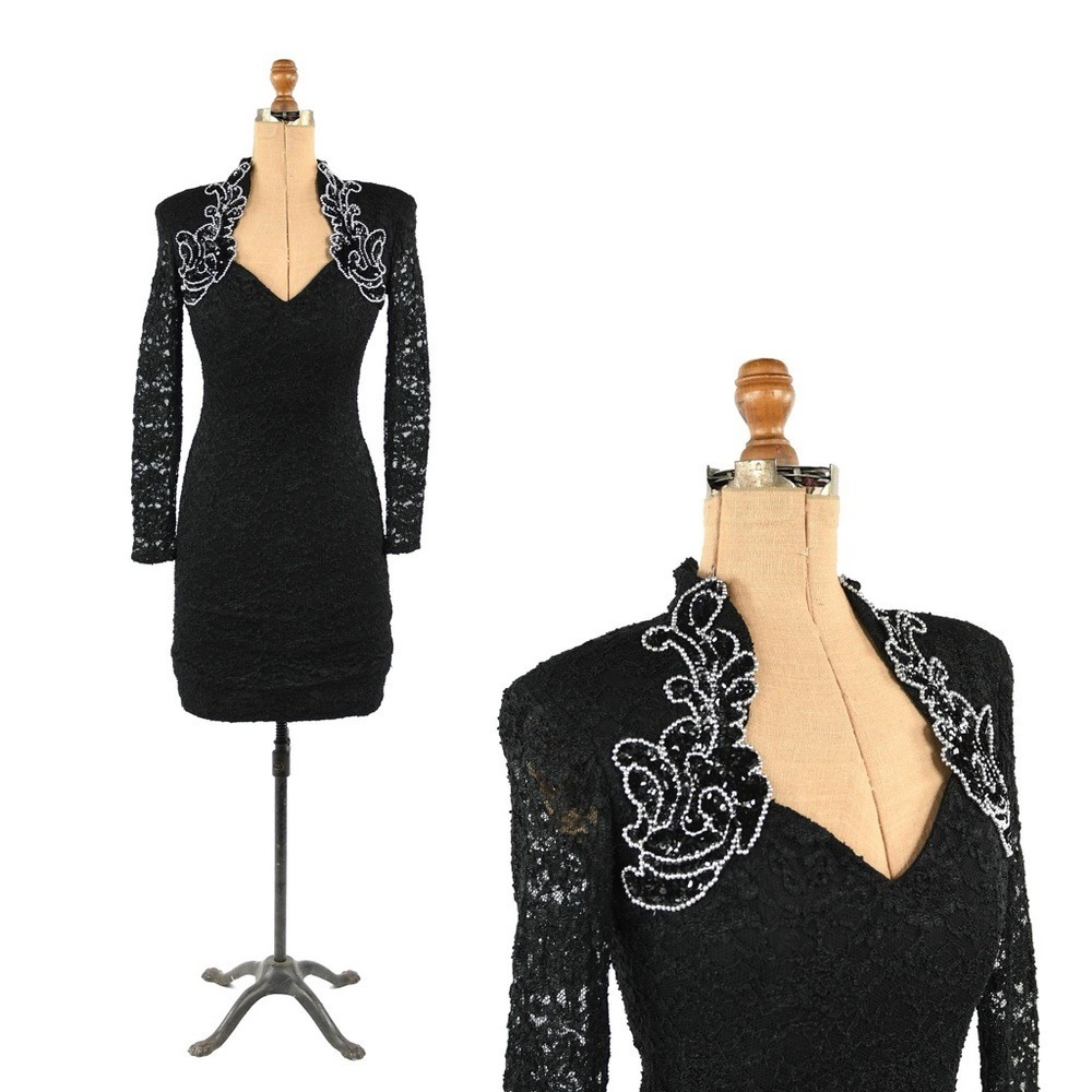 Betsy & Adam Vintage Black Lace Dress with White Embellishments